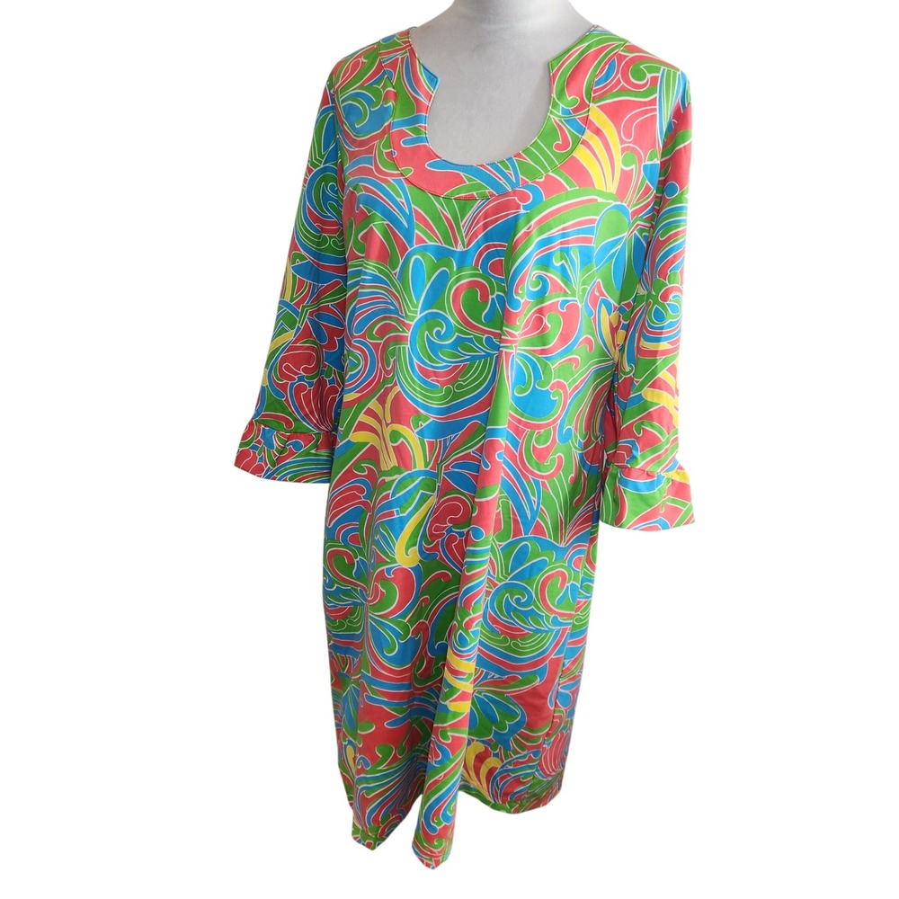 KATHERINE WAY Womens 2XL Long Sleeve‎ Tunic Dress Multi Color Print Made in USA